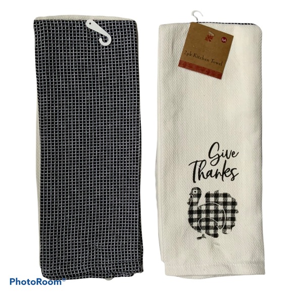 Harvest Collection Other - Thanksgiving Turkey Kitchen Towels Give Thanks Buffalo Check Black White 2 Piece